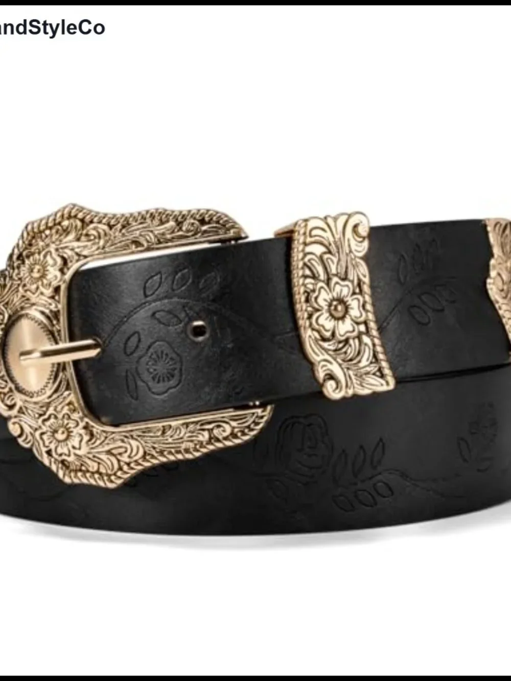 Women's Western Belt with Floral Embossed Gold Buckle PU Leather